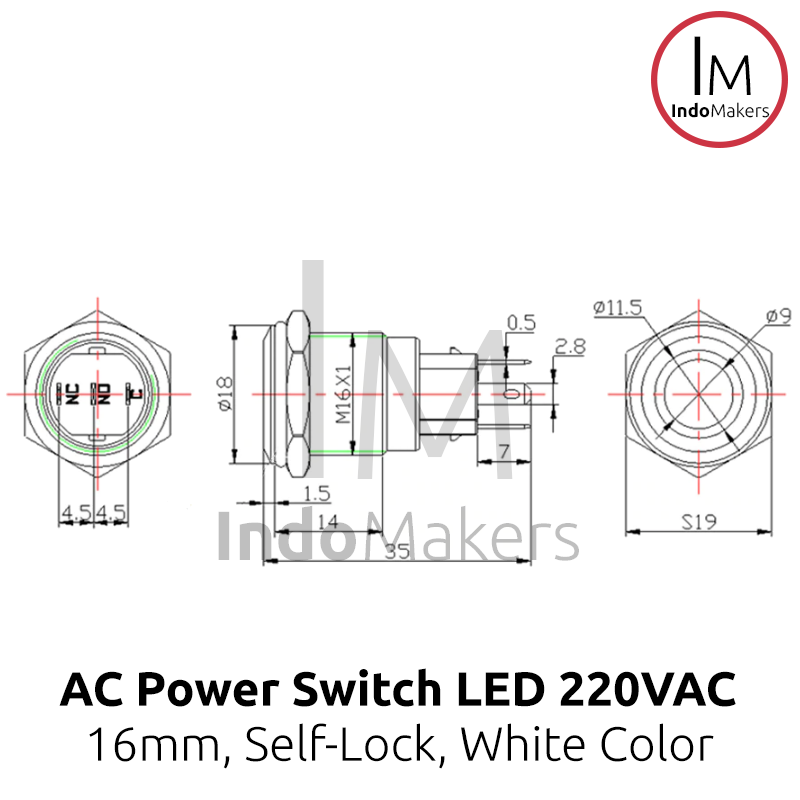 Stainless Push Button Self Locking Switch LED Ring Power Logo 16mm 220VAC - WHITE - Image 2
