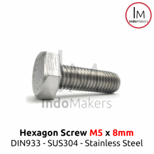 DIN933 Hexagon Screw / Baut Hexa Stainless Steel M5 x 8mm Set 10pcs