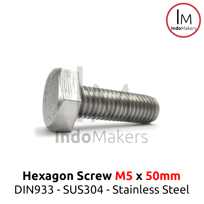 DIN933 Hexagon Screw / Baut Hexa Stainless Steel M5 x 50mm Set 10pcs
