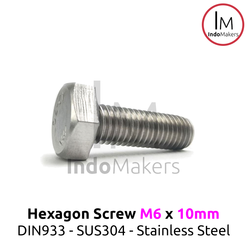 DIN933 Hexagon Screw / Baut Hexa Stainless Steel M6 x 10mm Set 10pcs