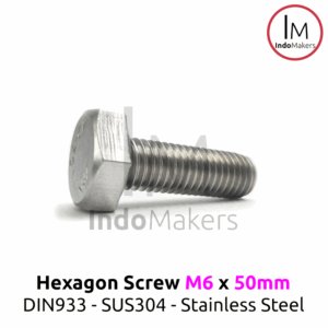 DIN933 Hexagon Screw / Baut Hexa Stainless Steel M6 x 50mm Set 10pcs