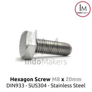 DIN933 Hexagon Screw / Baut Hexa Stainless Steel M8 x 20mm Isi 10pcs