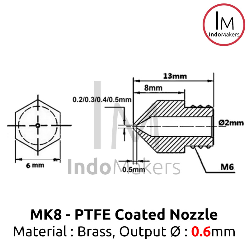 PTFE Teflon Coated MK8 Brass 3D Printer Nozzle 0.6mm 1.75mm Filament - Image 6