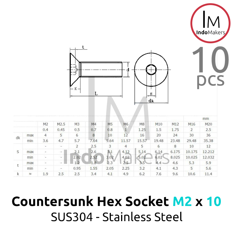 DIN7991 Hex Countersunk Screw / Baut Flat Hexa Stainless Steel M2 x 10 Isi 10pcs - Image 4