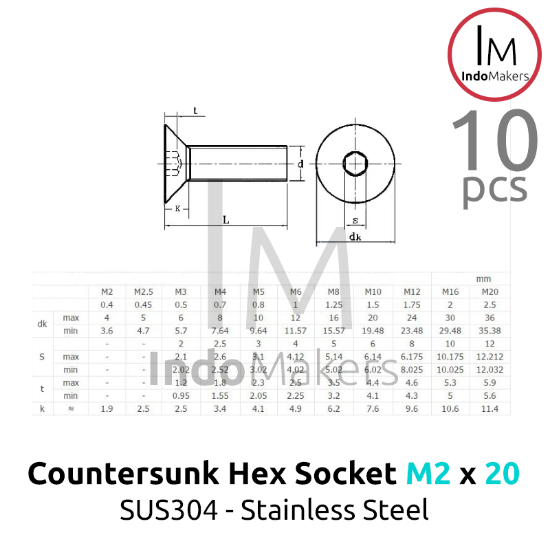 DIN7991 Hex Countersunk Screw / Baut Flat Hexa Stainless Steel M2 x 20 Isi 10pcs - Image 4