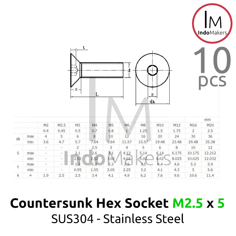 DIN7991 Hex Countersunk Screw / Baut Flat Hexa Stainless Steel M2.5 x 5 Isi 10pcs - Image 4