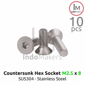 DIN7991 Hex Countersunk Screw / Baut Flat Hexa Stainless Steel M2.5 x 8 Isi 10pcs