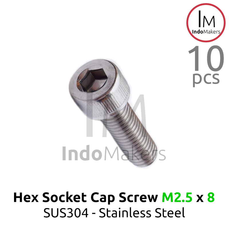 Hex Socket Cap Screw Stainless Steel M2.5 x 8mm Isi 10pcs