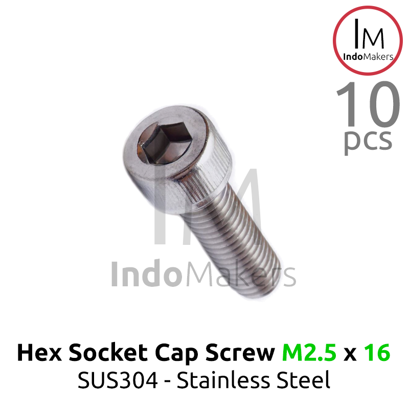 Hex Socket Cap Screw Stainless Steel M2.5 x 16mm Isi 10pcs