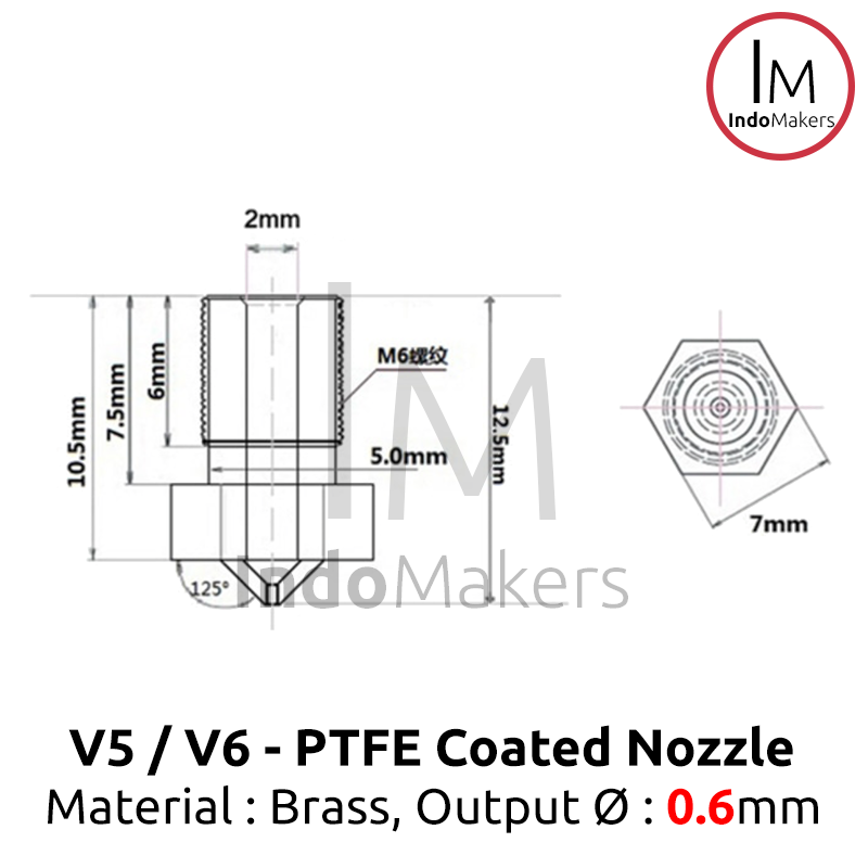 PTFE Teflon Coated V6 Brass 3D Printer Nozzle 0.6mm 1.75mm Filament - Image 6